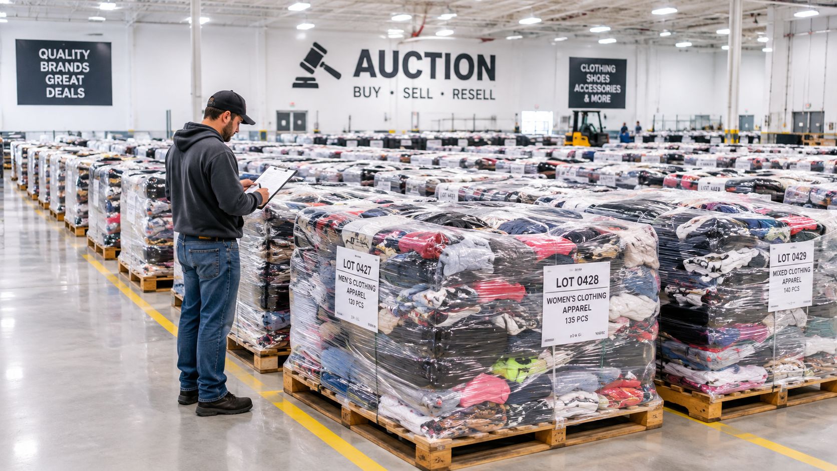 A warehouse worker inspecting inventory pallets containing mixed clothing items at a professional auction liquidation facility.