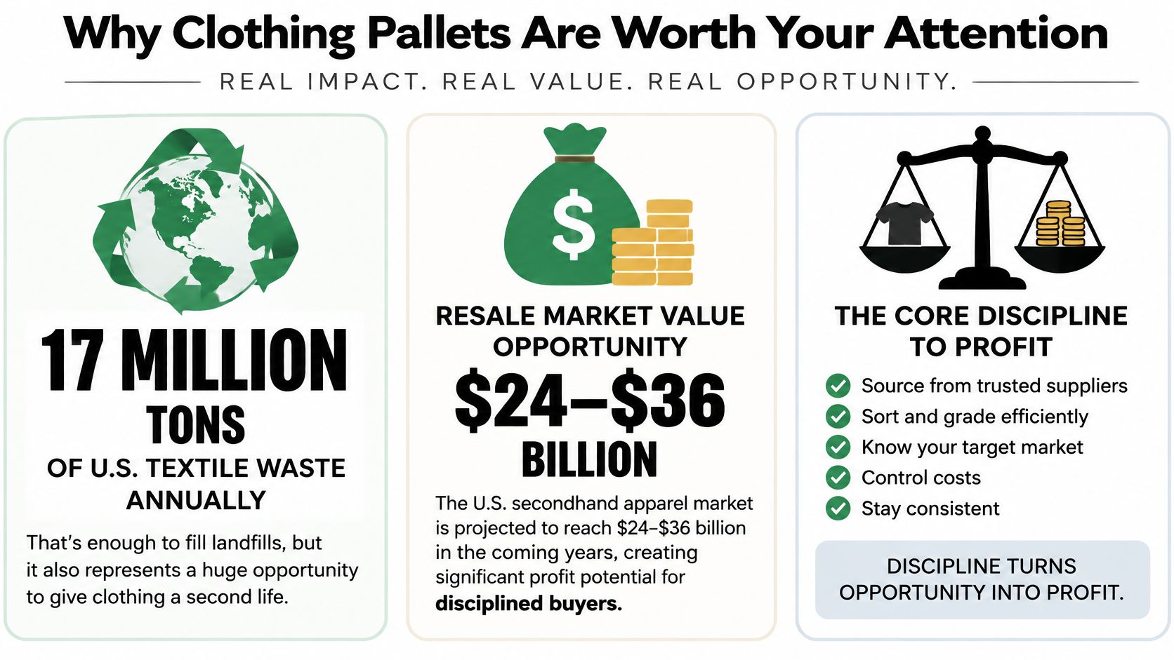 An infographic titled Why Clothing Pallets Are Worth Your Attention highlighting textile waste and market growth opportunities.