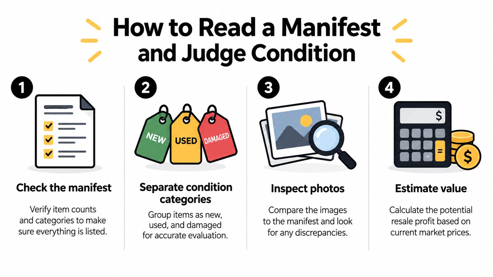 An infographic titled How to Read a Manifest and Judge Condition, showing four steps to evaluate retail goods.