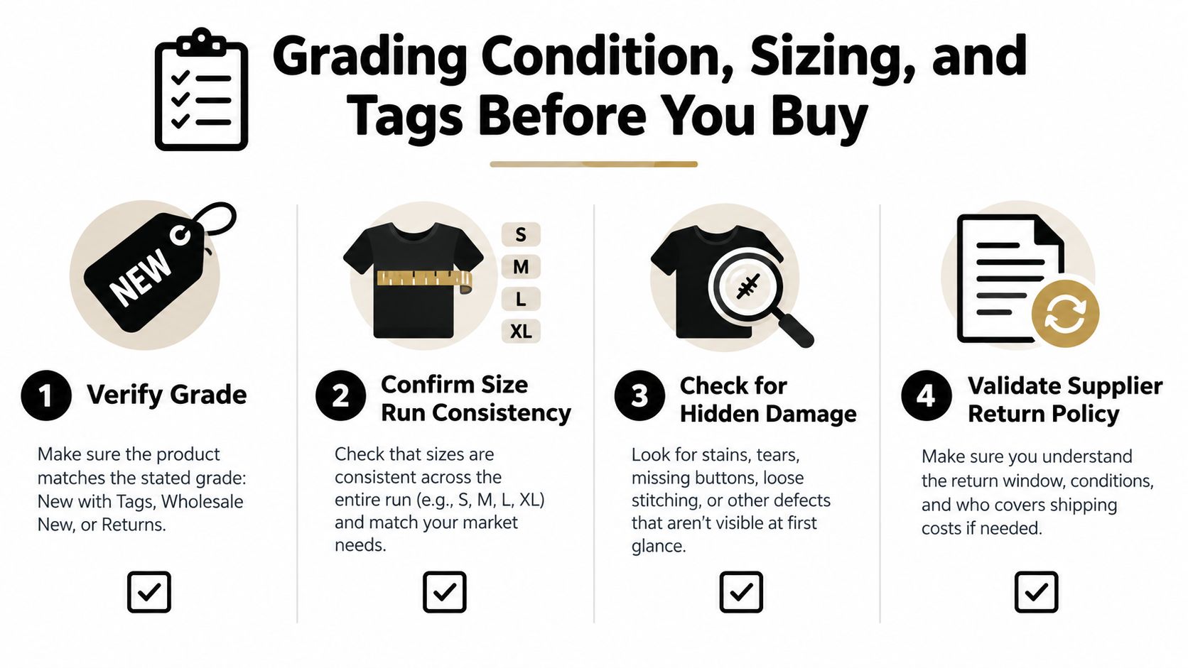 A four-step checklist infographic for grading conditions, sizing, and tags when purchasing wholesale clothing.