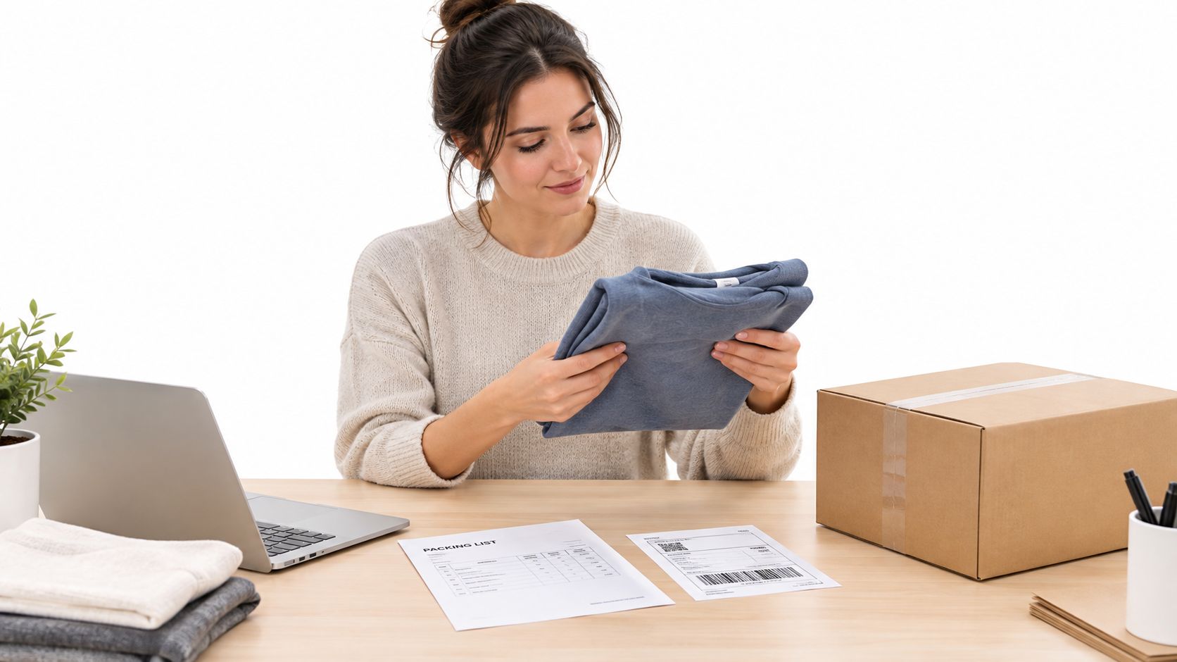 A woman folding blue clothing to pack into a shipping box while checking a packing list.