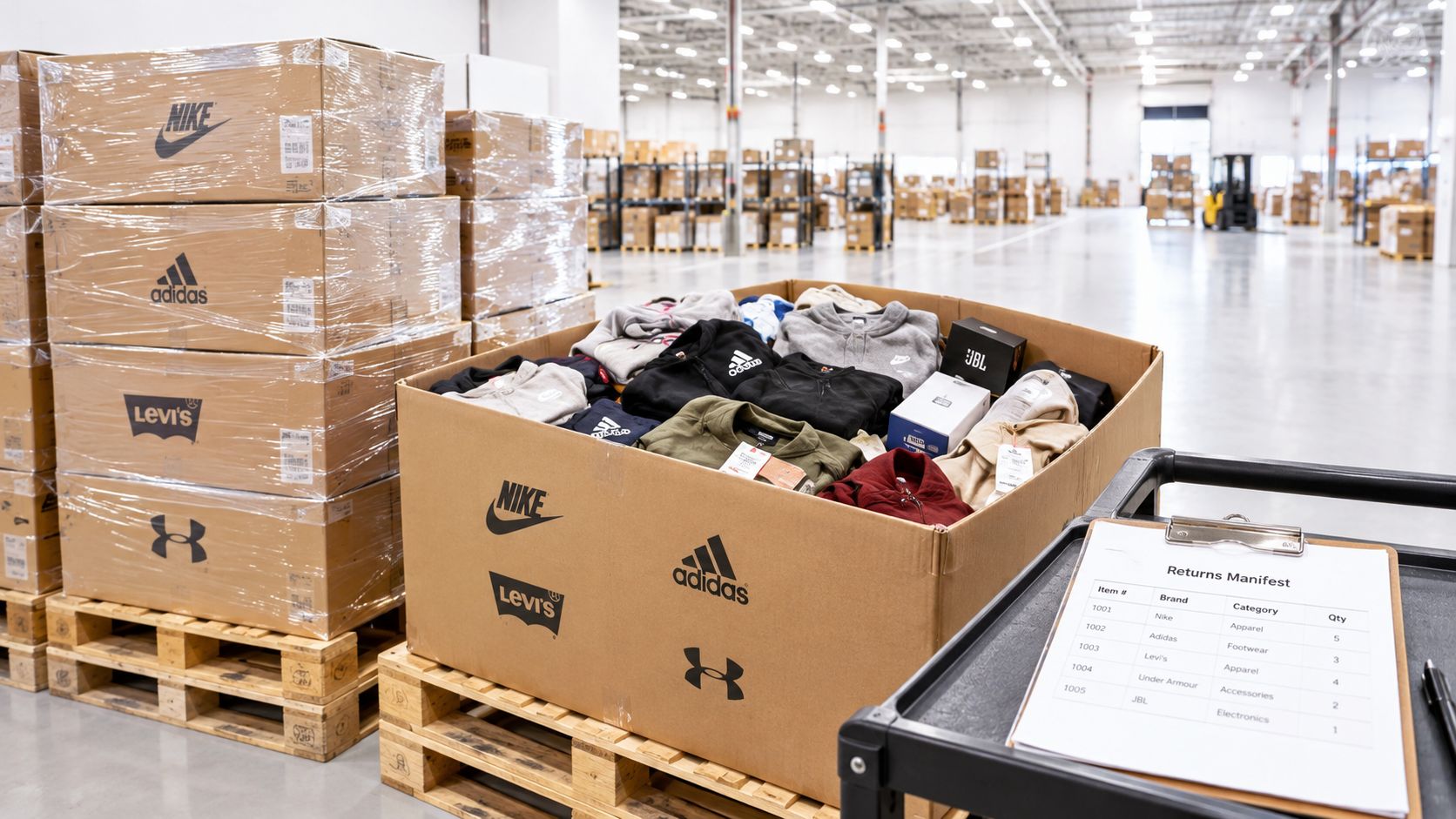 A warehouse scene with branded cardboard boxes stacked on pallets and a returns manifest clipboard.