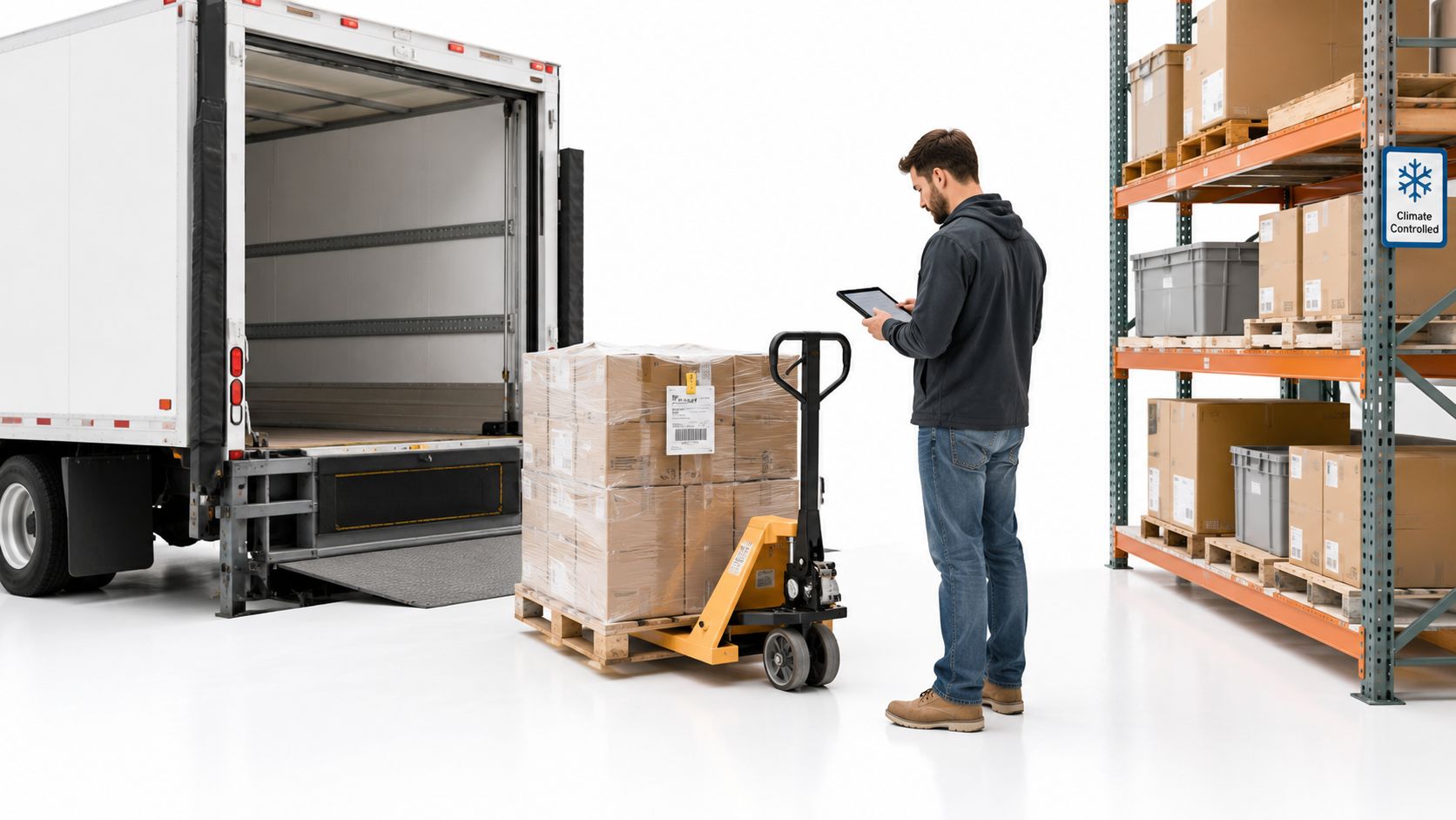 A warehouse worker holding a tablet while standing next to a pallet of boxes and a truck.