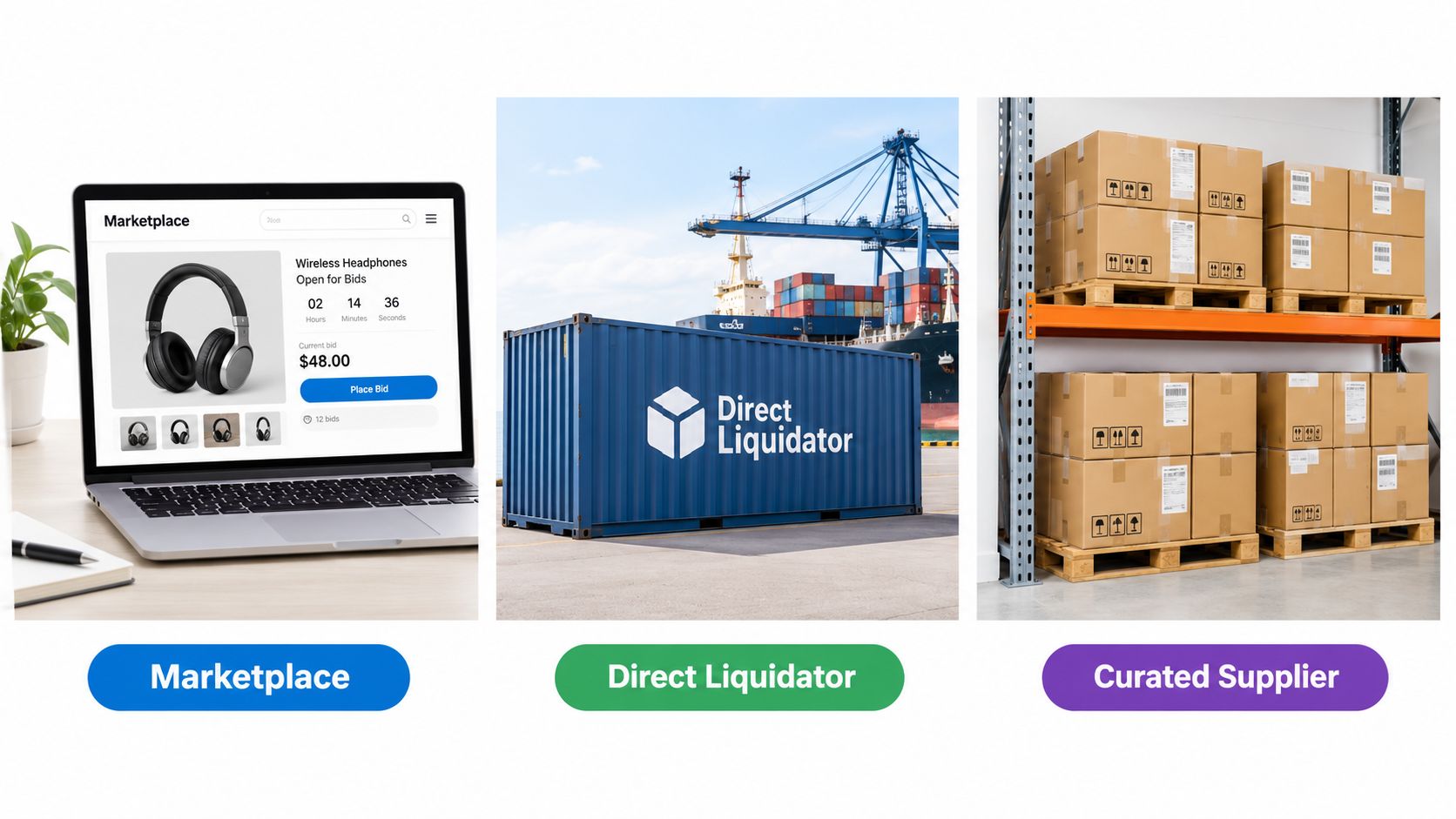 A digital interface shows a laptop marketplace, a shipping container, and warehouse storage boxes for wholesale purchasing.