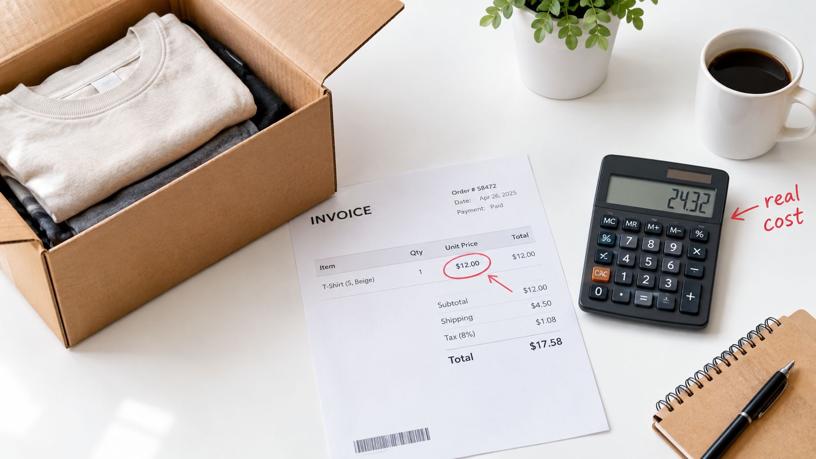 An overhead view of an invoice, a cardboard box with clothes, a calculator, and a coffee mug.