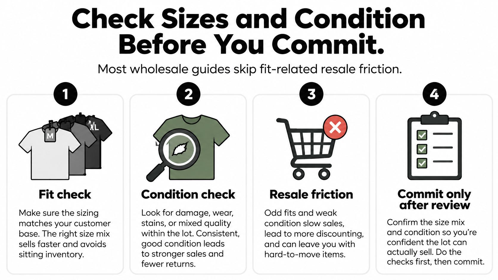 A four-step infographic illustrating how to evaluate size and condition before purchasing wholesale apparel inventory.
