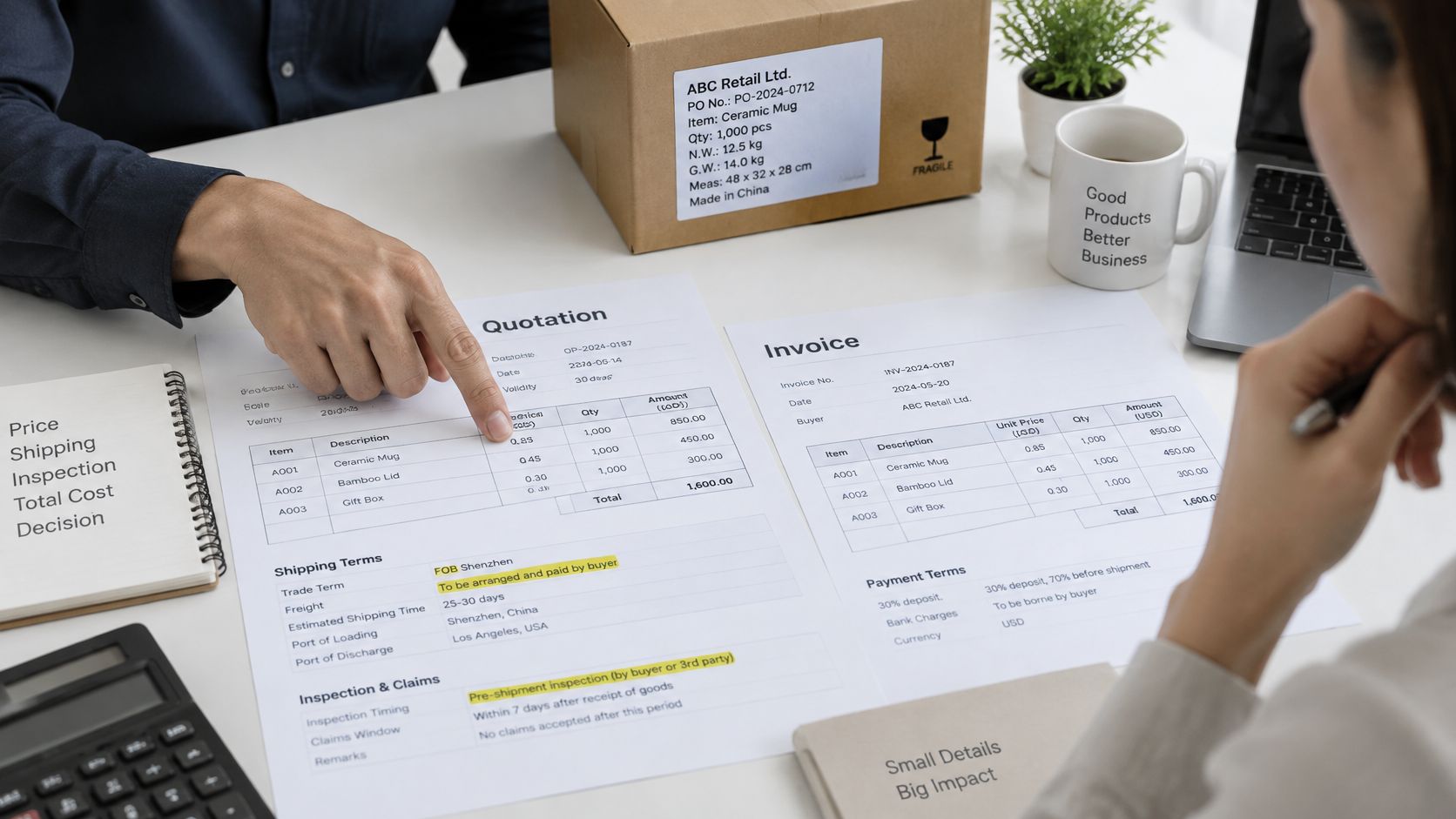 Two professionals sitting at a desk reviewing wholesale quotation and invoice documents for business supply orders.