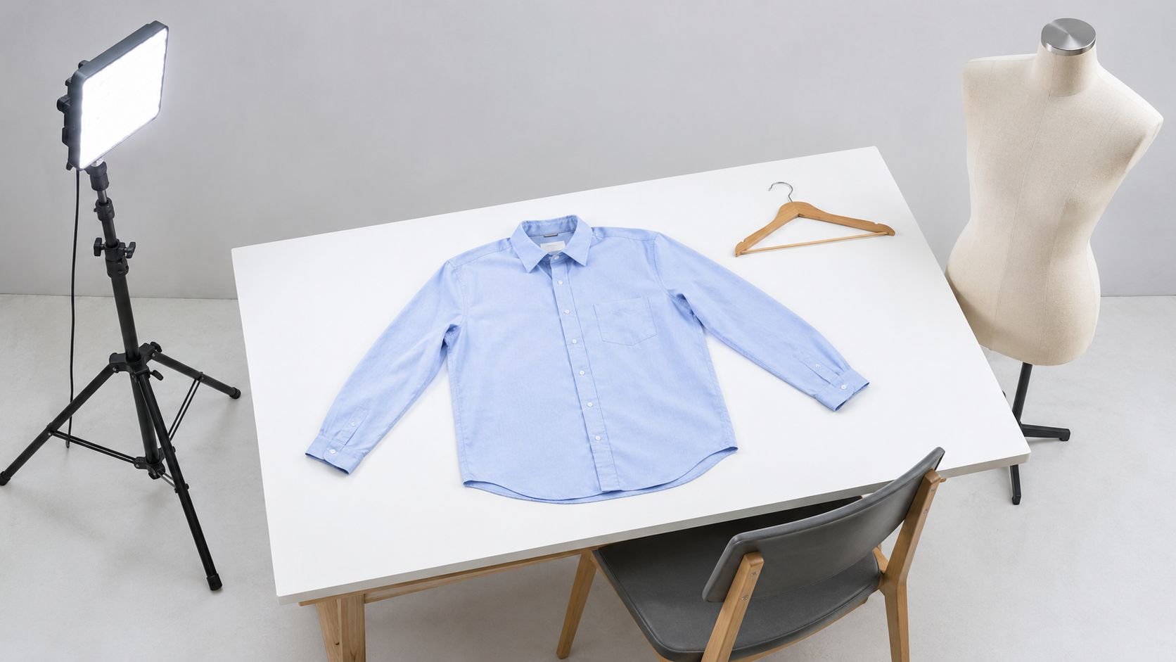 A blue dress shirt laid flat on a white table next to a mannequin and studio lighting.