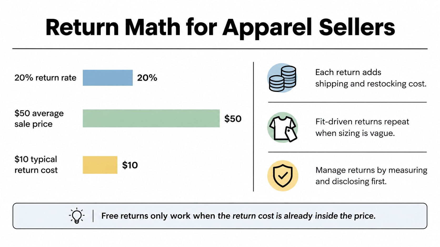 An infographic titled Return Math for Apparel Sellers showing return rates, costs, and management strategies for clothing retailers.