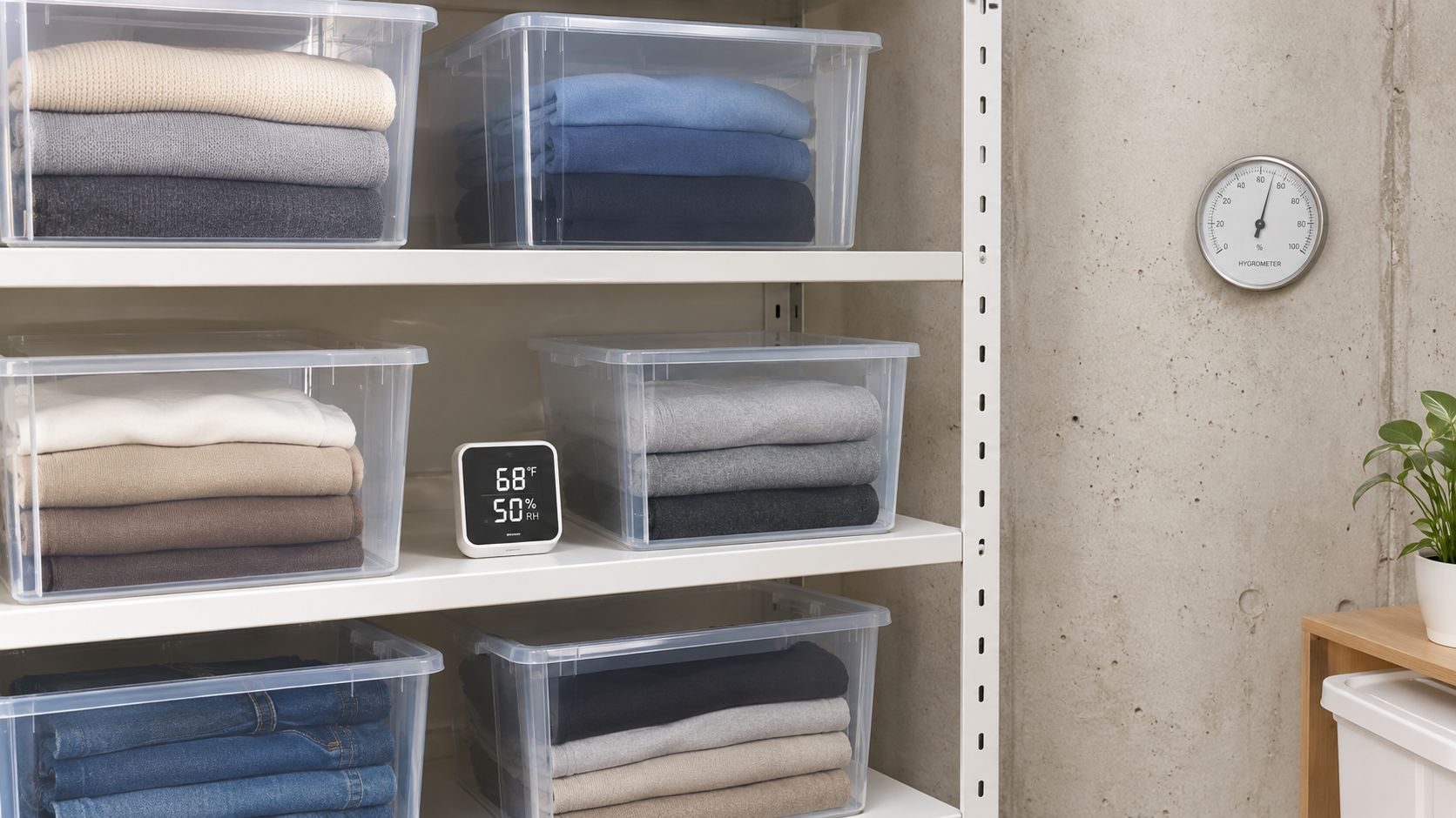 Shelving unit with clear plastic bins storing organized folded clothes and digital humidity monitoring devices in a basement.