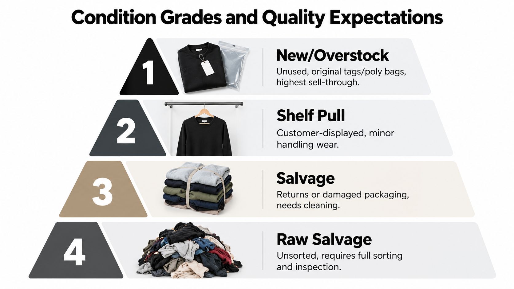 A pyramid chart illustrating four clothing condition grades, ranging from New Overstock to Raw Salvage inventory.