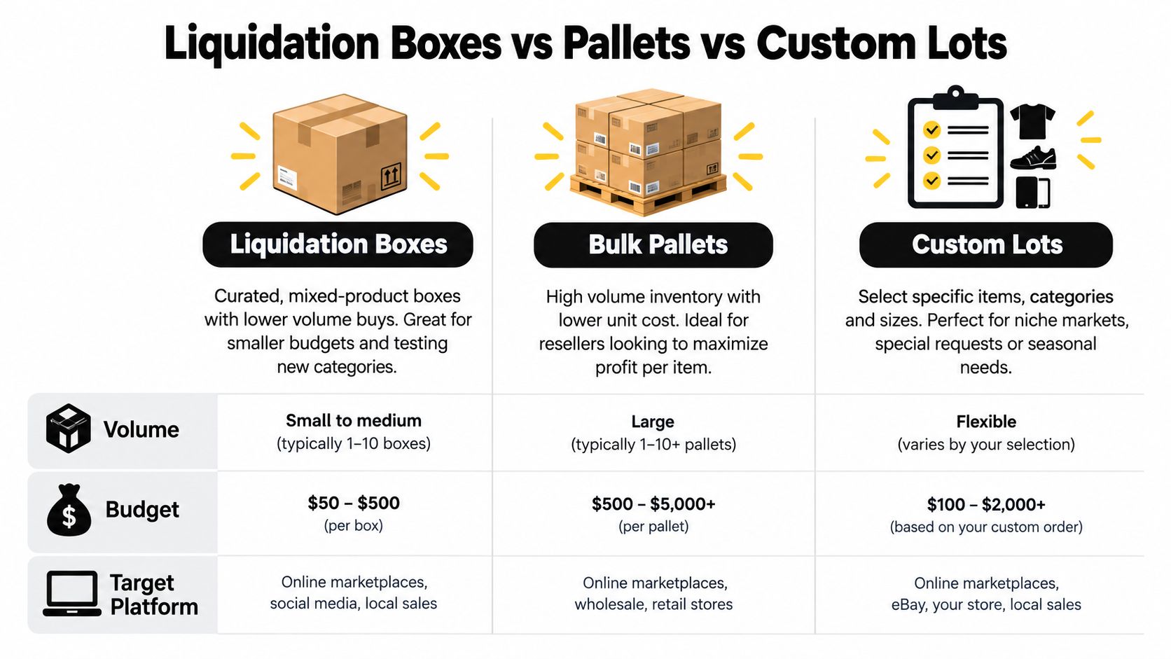 A comparison chart showing the differences between liquidation boxes, bulk pallets, and custom lots for inventory.