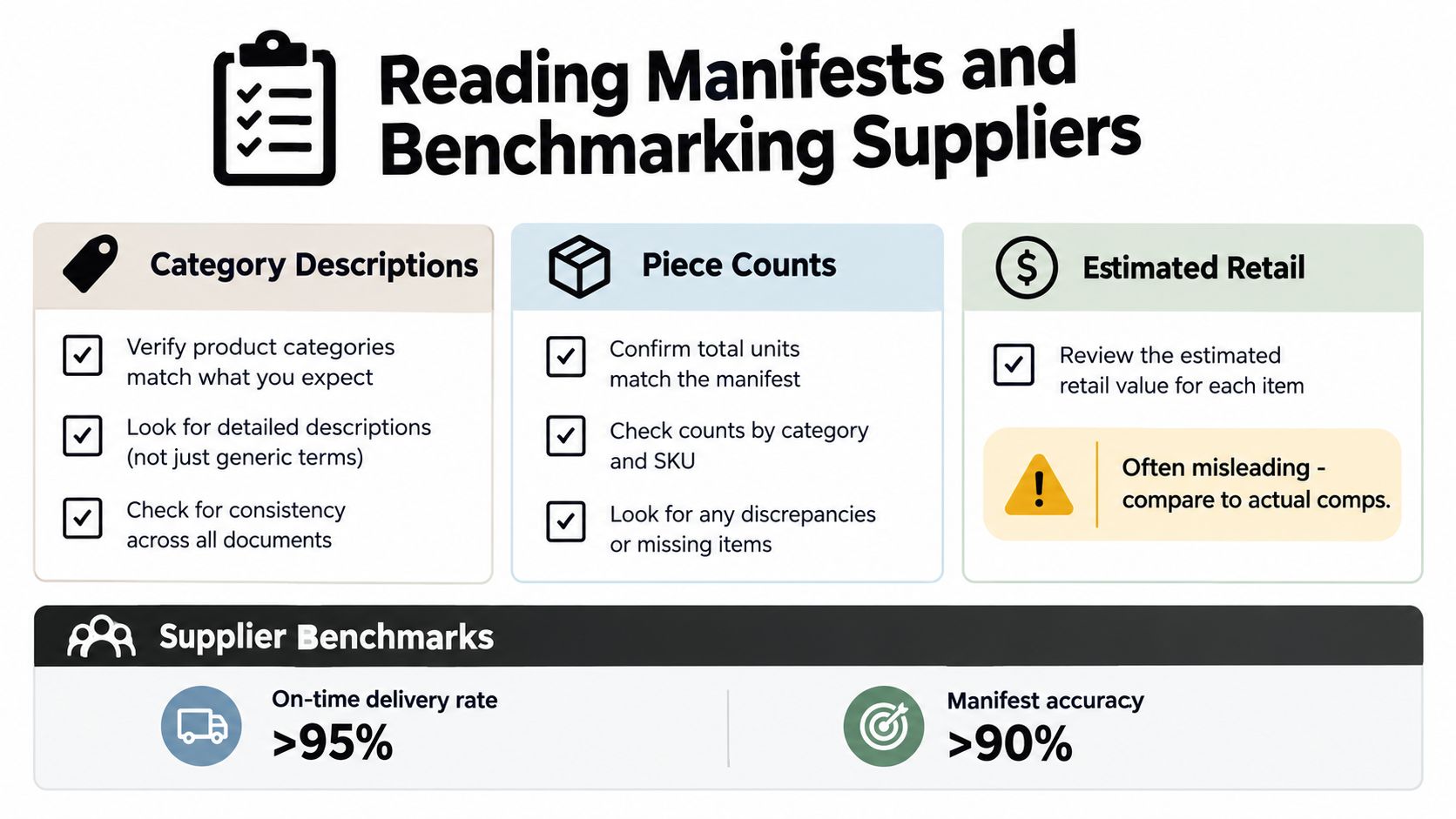 An infographic detailing steps for reading manifests and benchmarking wholesale clothing pallet suppliers efficiently.