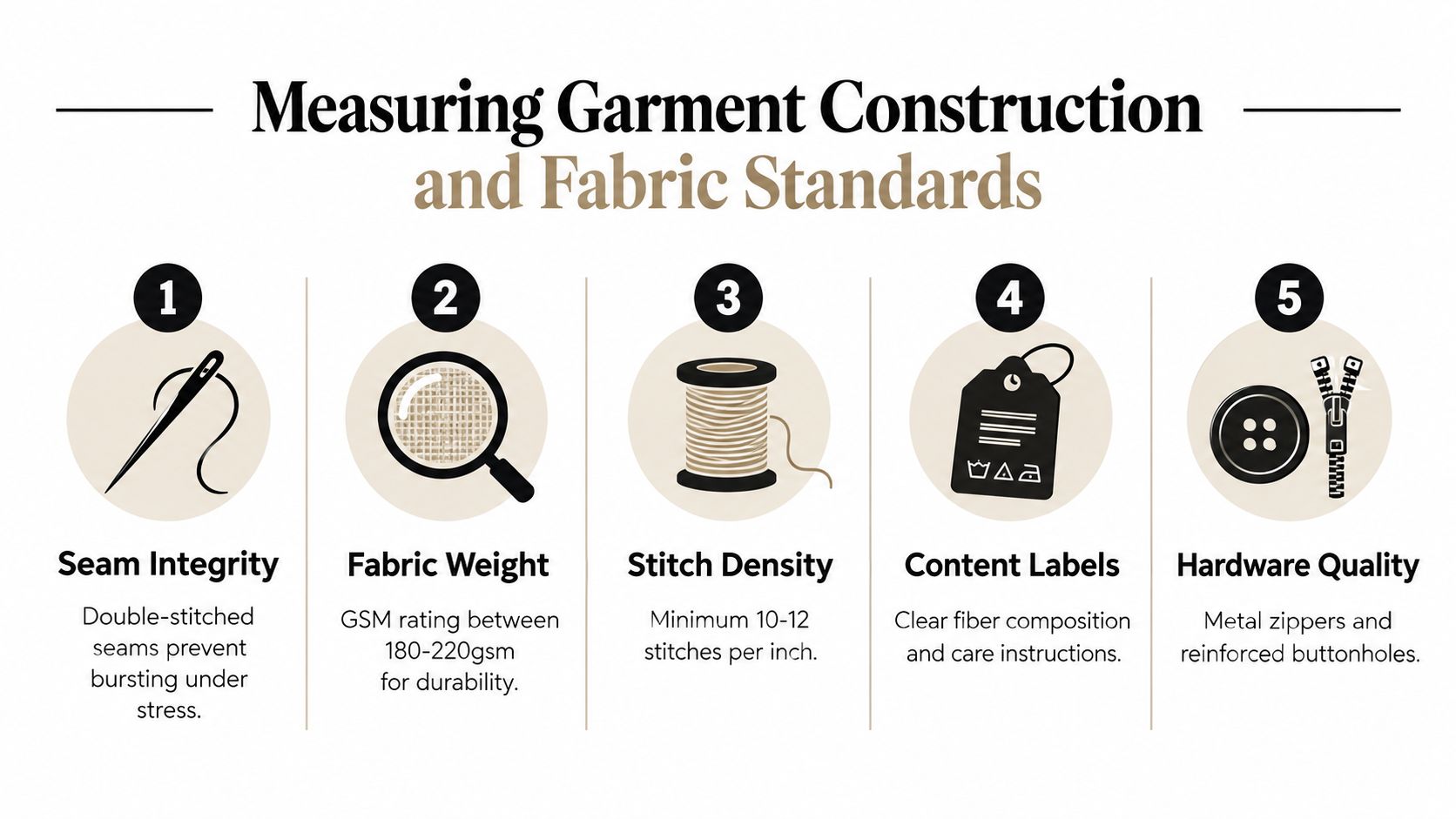 An infographic detailing five key standards for measuring high-quality garment construction and fabric durability in apparel manufacturing.