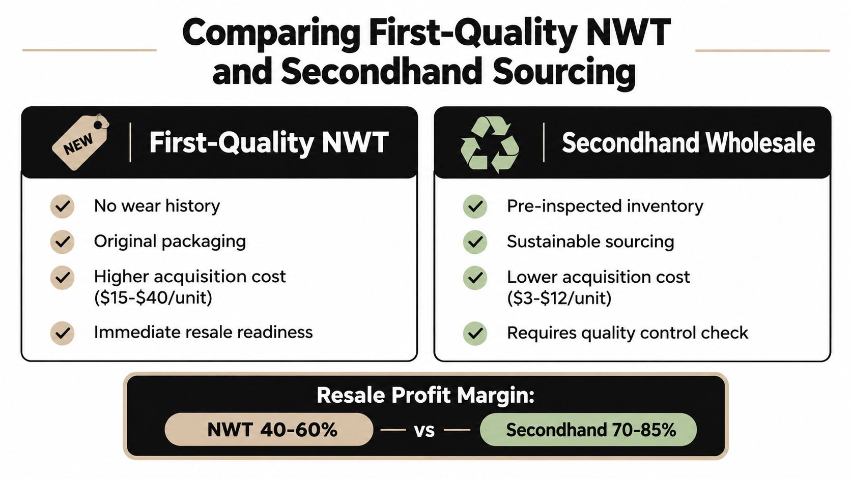 A comparison chart outlining the pros, cons, and profit margins of first-quality NWT and secondhand wholesale clothing.