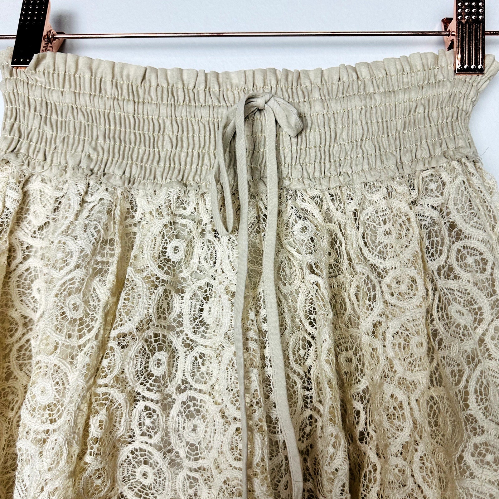 Free People Cream Lace Elastic Waist with Tie Mini Skirt Size XS