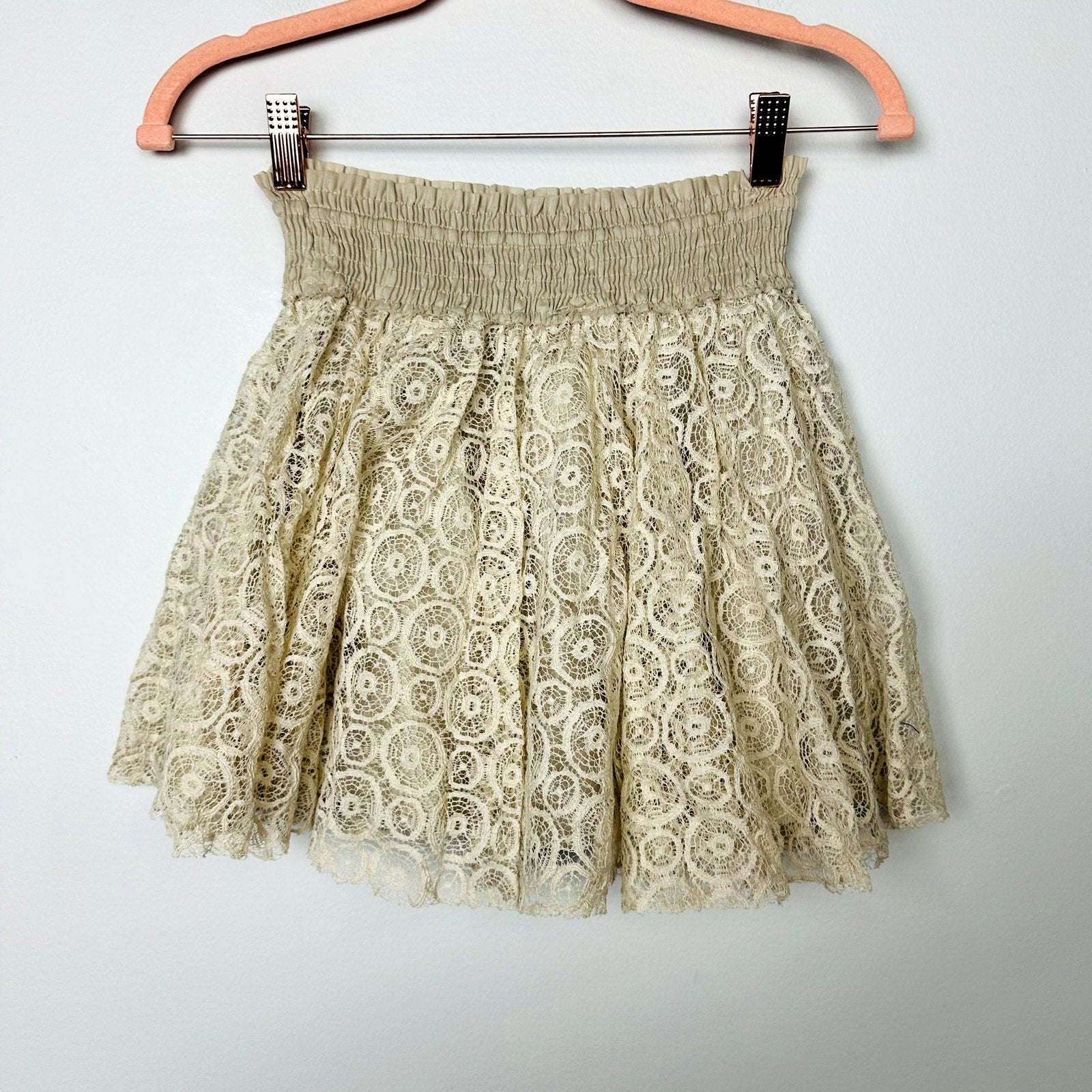 Free People Cream Lace Elastic Waist with Tie Mini Skirt Size XS