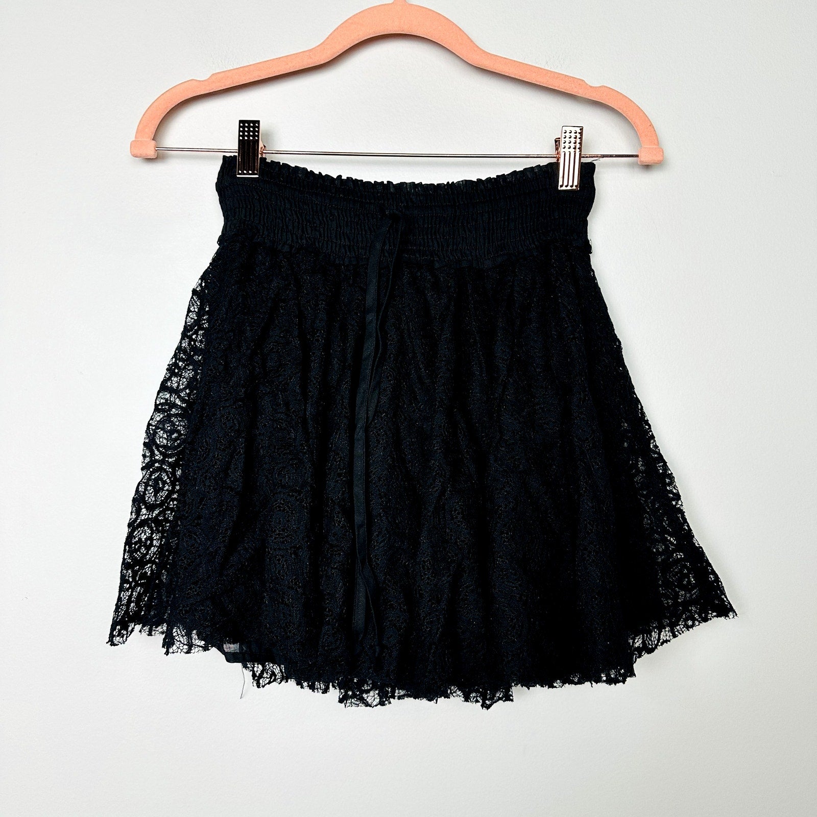 Free People Black Lace Elastic Waist with Tie Mini Skirt Size Small