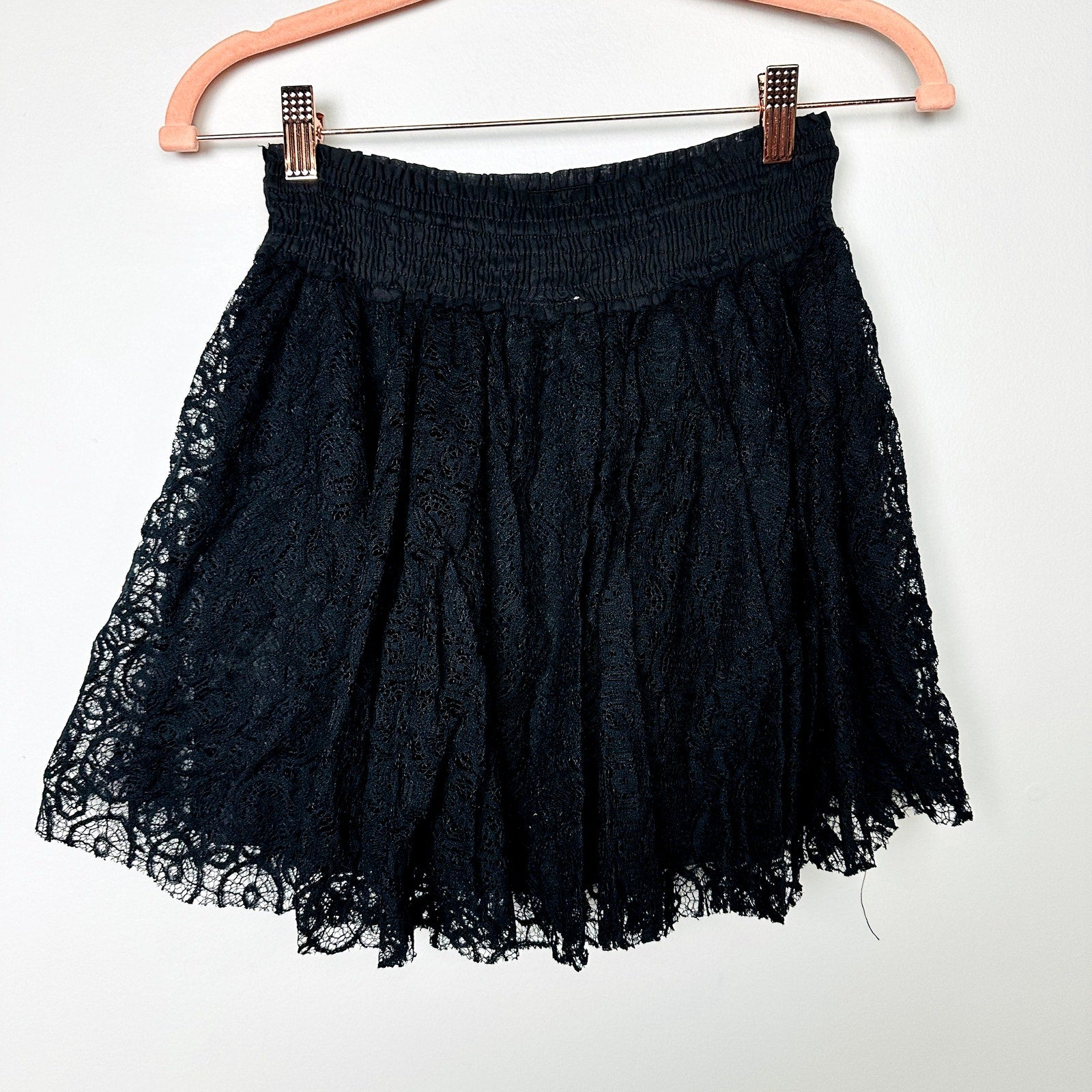 Free People Black Lace Elastic Waist with Tie Mini Skirt Size Small