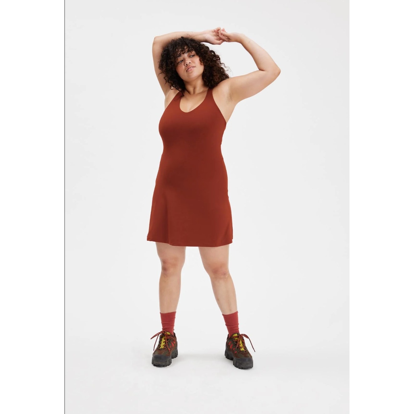 Girlfriend Collective NWT Mahogany Lola V-Neck Dress Brown/Red Size XXS
