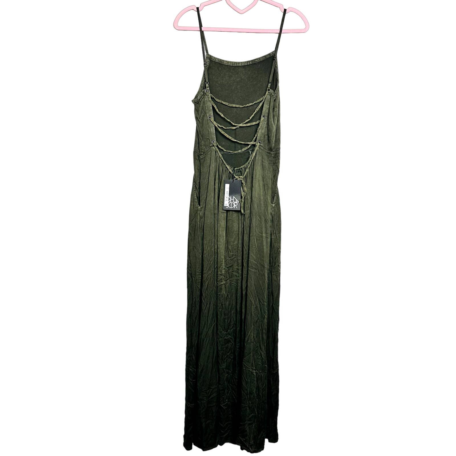 Chaser NWT Heirloom Wovens Criss Cross Strappy Tie Back Maxi Dress Military M